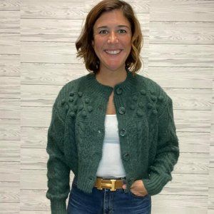 Pom Pom Cable Cardigan - Deep Green